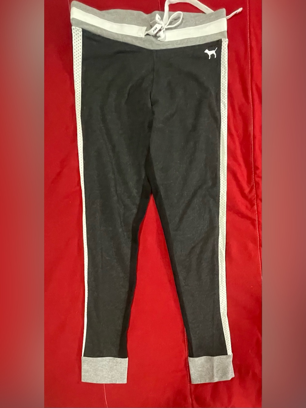 PINK Victoria's Secret Black Leggings with Gray Waistband & White Stripes